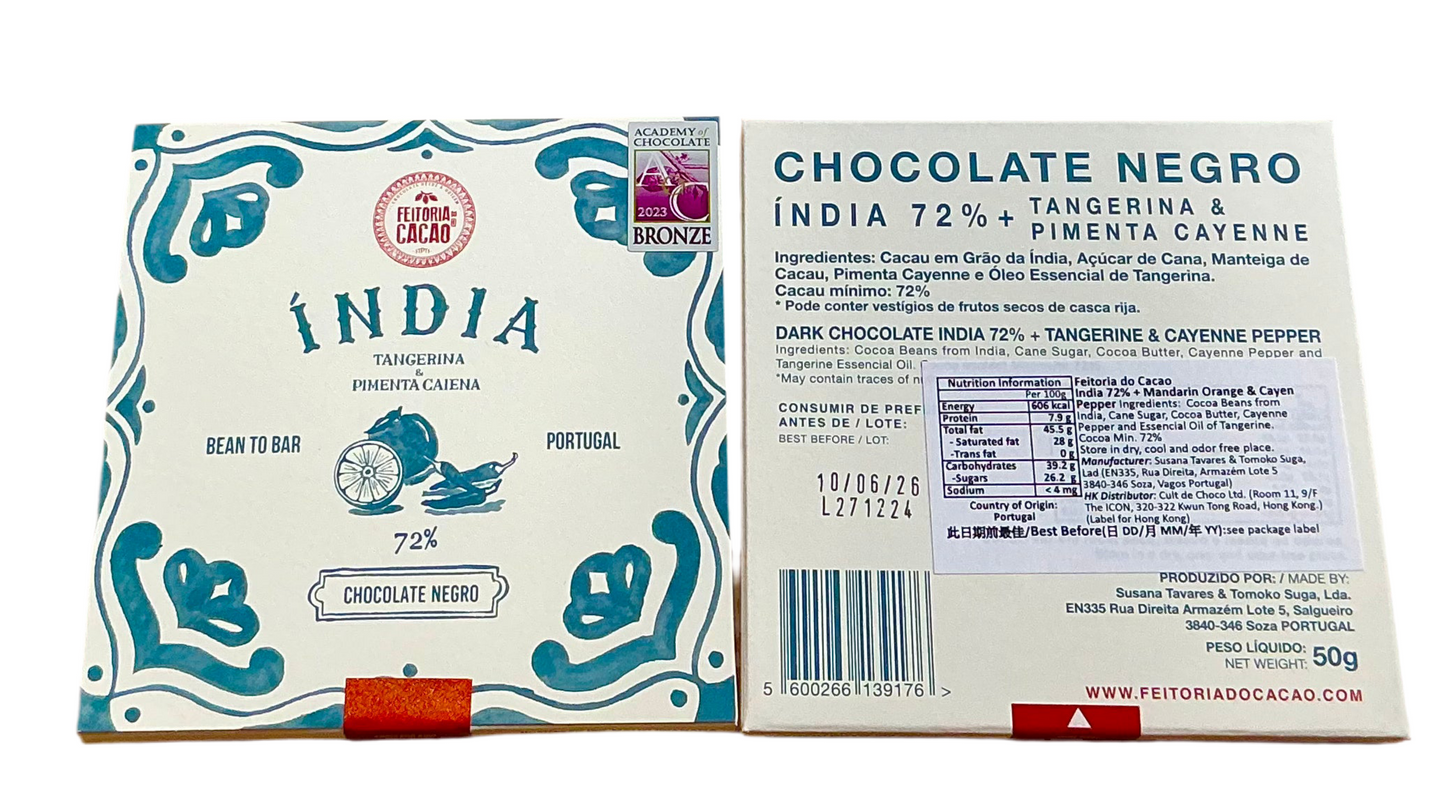 Dark chocolate India 72% + Mandarin Orange & Cayenne Pepper